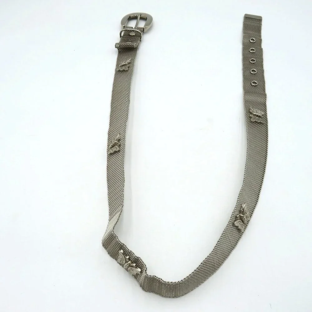 Silver Tone Mesh Belt Womens Size 33 Butterfly‎ Medallions Metallic Buckle